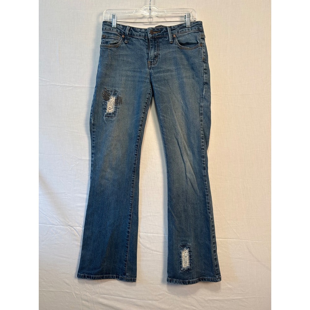 Hint Jeans Womens Medium Wash Crochet Lace Patch Bootcut broken zipper 30x31